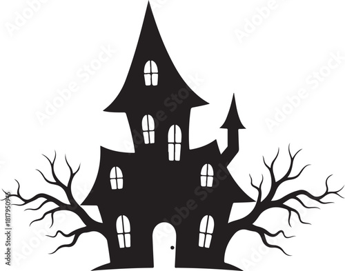 Haunted house silhouette with scary trees for halloween