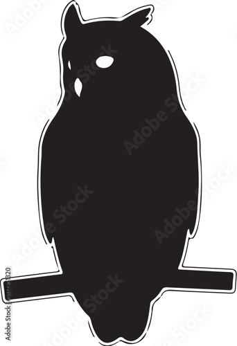 Stylized graphic illustration of an owl bird on a branch