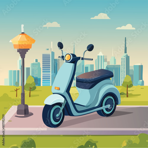 A modern light blue electric scooter parked on a city sidewalk.