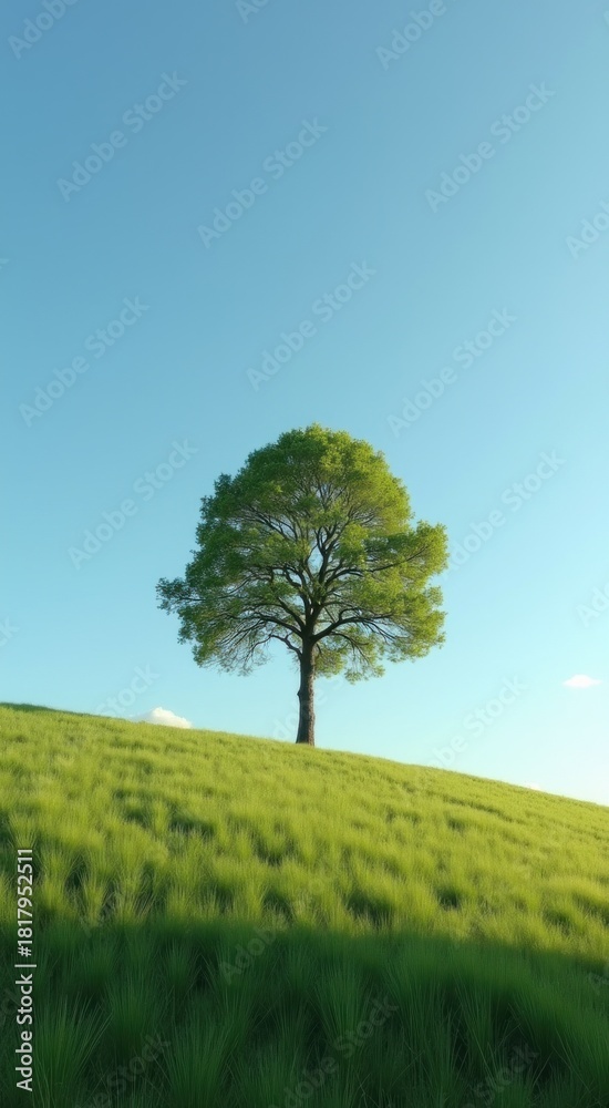 Obraz premium Tree on a grassy hill with a blue sky in the background