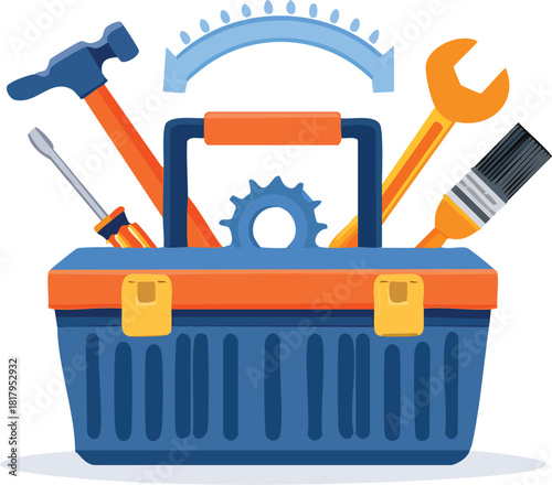 Vector illustration of a blue toolbox with assorted hand tools.