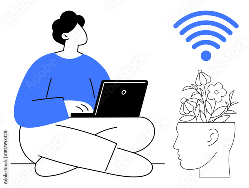 Person sitting cross-legged with a laptop, blue wireless symbol, and head featuring blooming flowers. Ideal for technology, learning, creativity, communication, mindfulness, innovation digital life