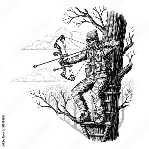 Skeleton bowhunter sitting on a stand in woods with bow drawn and ready to shoot.