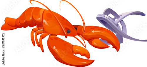 Cartoon red lobster with seafood cracker tool in its claw. Isolated vector crustacean representing cooking food process for menus, culinary, recipe book or kitchen utensil presentations