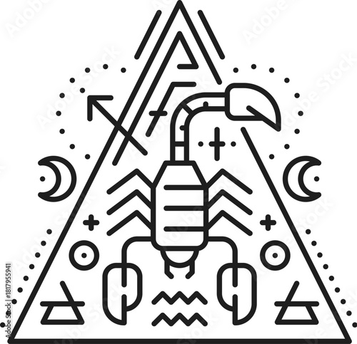 Egyptian scorpion esoteric line tattoo or sign. Egypt culture boho outline vector tattoo, egyptian mythology esoteric linear print. Africa history tarot sign or mystic symbol with venomous scorpion