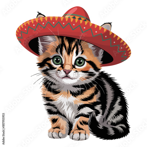 A cute kitten wearing a traditional sombrero, smiling happily