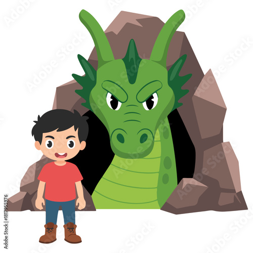 A friendly boy standing beside a big green dragon. The dragon peers out from a stone cave. The scene evokes a sense of adventure and fantasy