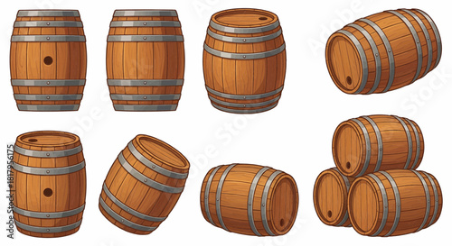 Collection of Wooden Barrels Set Vintage Oak Casks for Wine Beer Whiskey Storage