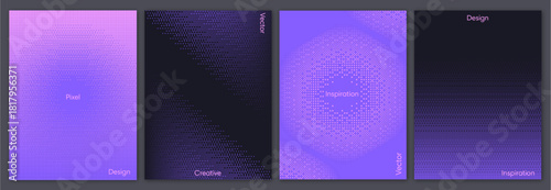 Purple Pixel Dither Gradient Background Set with Abstract Flowing Wave and Blended Geometric Colors