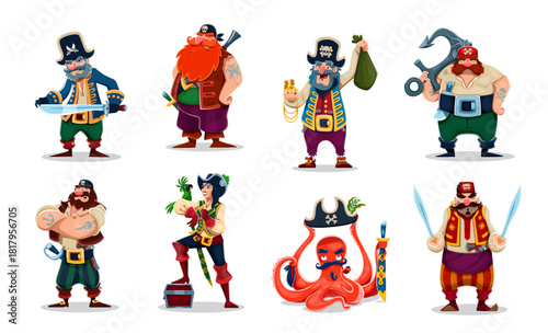 Cartoon pirate and corsair characters with funny octopus in captain black hat. Caribbean Sea pirate crew vector personages, angry sailor, boatswain, skipper and captain corsair characters with parrot