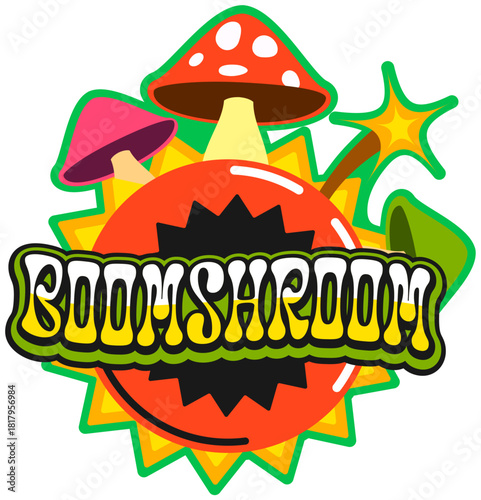 Mushroom bomb and grenade vintage Y2K sticker or patch. Explosive isolated Y2K vector sticker, dynamite retro groovy patch. TNT bomb tag with mushrooms and burning wick and funky typography