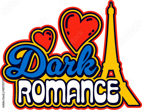 France dark romance retro Y2K sticker or symbol. Europe country travel souvenir 70s vector tag, European nation culture label. France flag colors sticker with love hearts, Eiffel tower and typography
