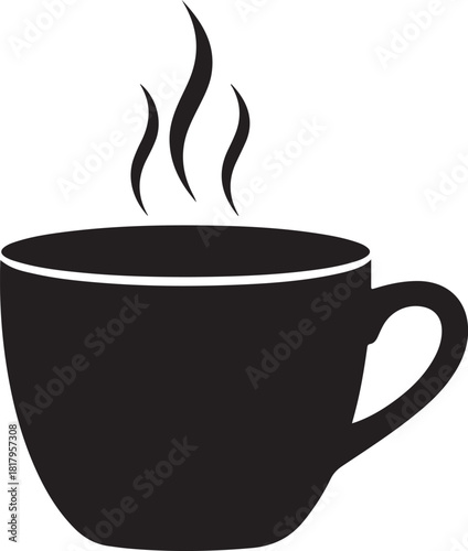 Black coffee cup with steam rising in simple graphic style hot drink beverage