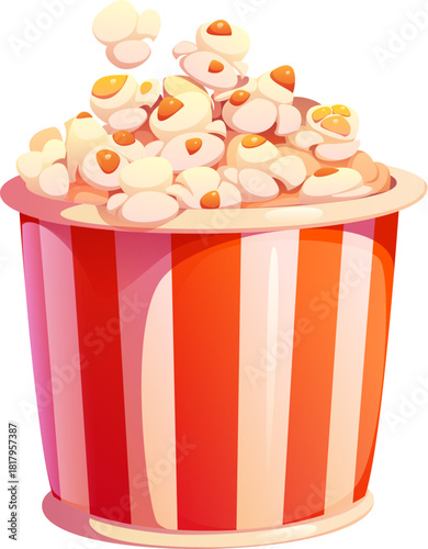 Cartoon fast food popcorn bucket of pop corn for dessert, vector icon. Cartoon popcorn basket for movie snack or cinema theater sweet dessert or bar takeaway menu