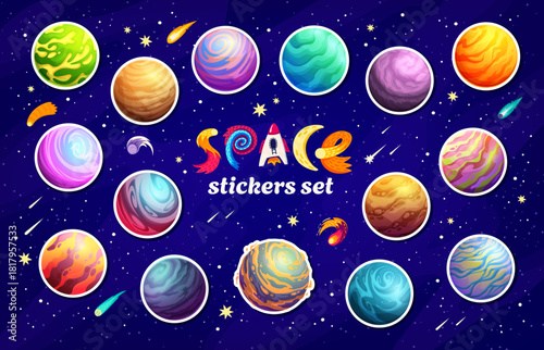 Alien space planets stickers pack. Fantasy galaxy badges. Cartoon vector patches of vibrant cosmic spheres against a starry sky background. Surreal celestial bodies with colorful surface in Universe