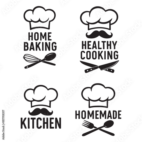 Cooking logo set with Chef hats, mustache and kitchen tools vector