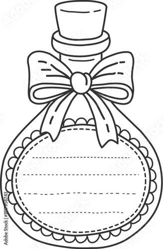 Magic potion flask with bow kids memo note frame. Child schedule outline vector frame, kids planner checklist template. Scrapbook diary, memo note coloring page with glass bottle, cork and ribbon bow