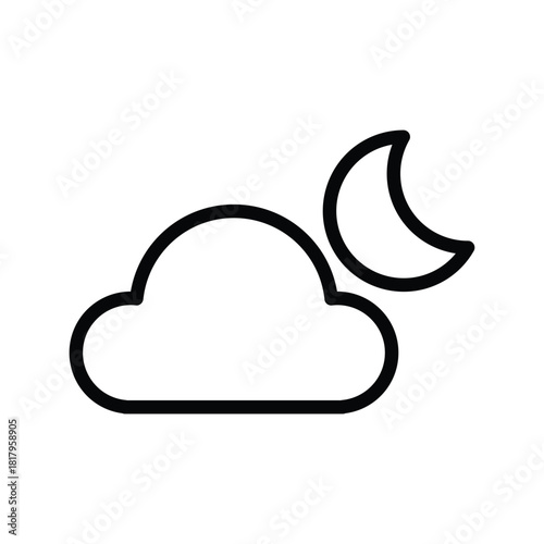 A minimalist line drawing featuring a cloud partially obscuring a crescent moon, symbolizing night or cloudy weather. Weather Forecast and Season single line icon UI design.