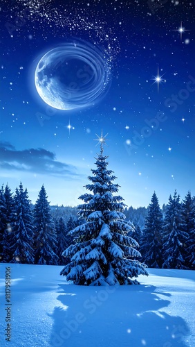 Winter scene with snow-covered trees, moon and stars