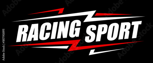 Race car, drag championship sticker or symbol. Drift and speed drive competition decal tag, rally racing vector patch. Car race motorsport label with red and white lightning bolts and typography