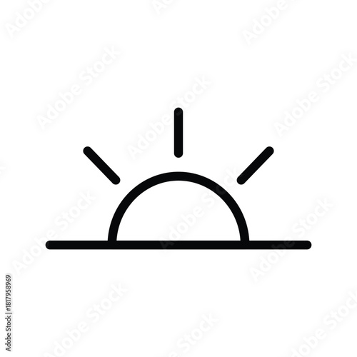 A minimalist black and white line drawing depicting a sun half-emerged from a horizontal line representing the horizon, with rays extending upwards. Weather Forecast and Season single line icon UI des