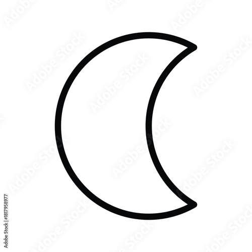 A clean, minimalist outline of a crescent moon, a celestial body visible at night. Weather Forecast and Season single line icon UI design.