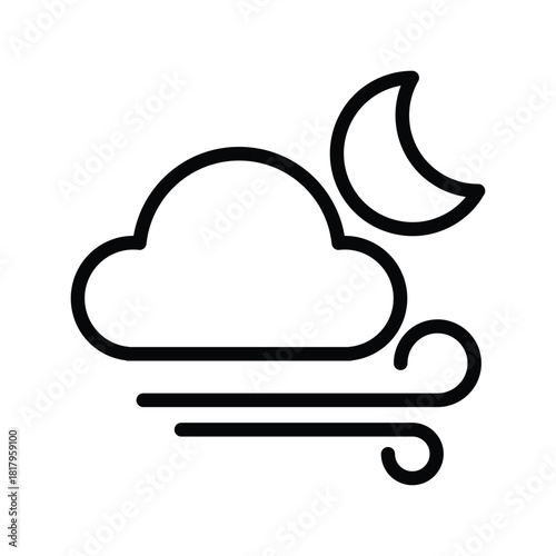 A simple line art icon depicting a cloud partially obscuring a crescent moon, with wind lines indicating a breezy or windy condition. Weather Forecast and Season single line icon UI design.