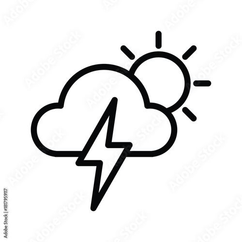 A simple line art icon representing a weather forecast with a sun, a cloud, and a lightning bolt. Weather Forecast and Season single line icon UI design.