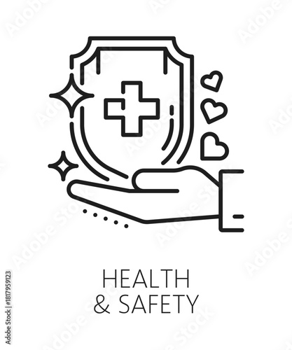 Health and safety ESG line icon or sign. Company social integrity thin line vector icon, sustainable environmental governance symbol. ESG healthcare protection pictogram with hand holding shiny shield