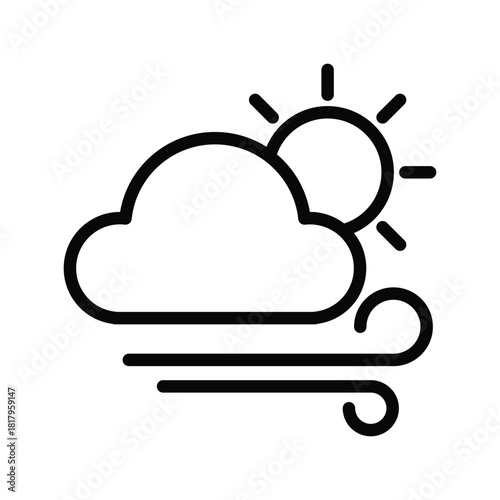 A simple line icon depicting a cloud partially obscuring the sun, with stylized wind lines indicating movement. Weather Forecast and Season single line icon UI design.