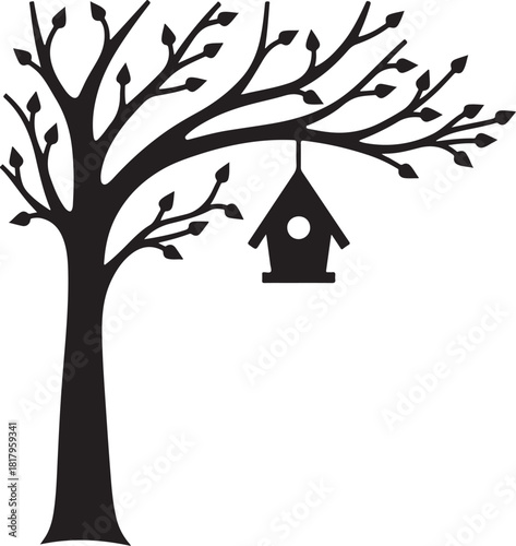 Black silhouette of a tree with a birdhouse hanging from a branch