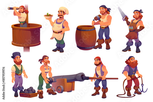 Pirate ship crew characters, cartoon cheerful corsairs with cannon, spyglass, hook and barrel. Vector sailor, gunner, carpenter and cook, lookout and cooper pirate characters with costumes, work tools