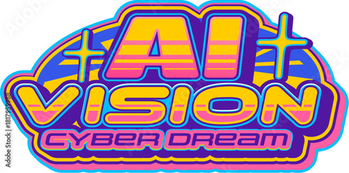 Computer AI vision retro Y2K icon or emblem. Artificial Intelligence Y2K vector emblem, computer technology retro symbol. Software vintage icon or sign with retro futuristic colorful typography