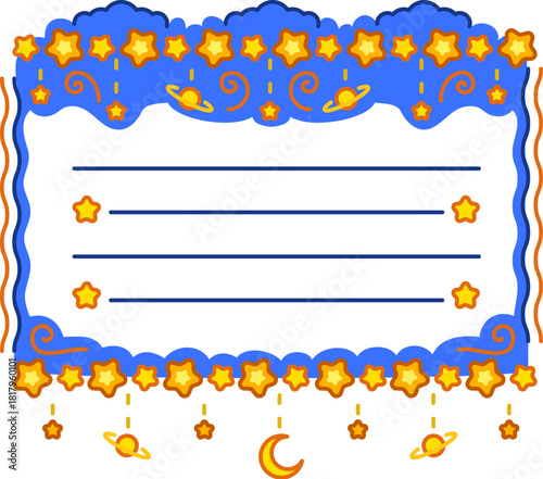 Space stars and sky kids memo note frame. Universe schedule memo note, space galaxy scrapbook vector label. Cosmos kid diary frame or blue sky child to do list sticker with stars and planets