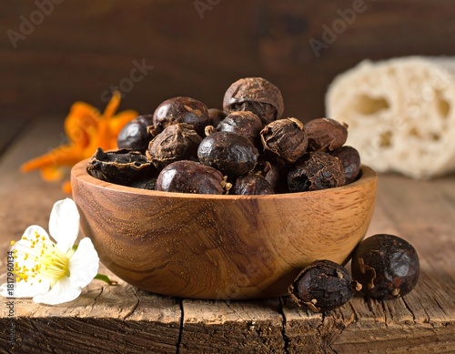 Wooden bowl filled with dark brown nuts, flower, and sponge