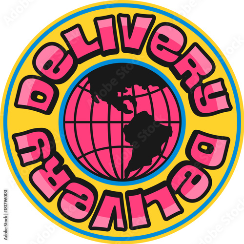 World delivery service globe Y2K groovy sticker or patch. Groovy Y2K vector terrestrial sphere patch, Earth funky globus label. Planet mesh sphere sticker with pink globe and funky typography