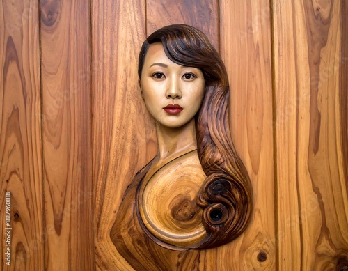 Wooden relief carving of an Asian woman with flowing hair