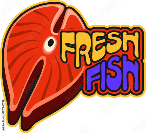 Fish barbeque meal, grill menu retro Y2K sticker or symbol. Steak gourmet meal retro Y2K vector sticker, meat farm shop beefsteak BBQ patch. Beef grill label with fish fillet and colorful typography