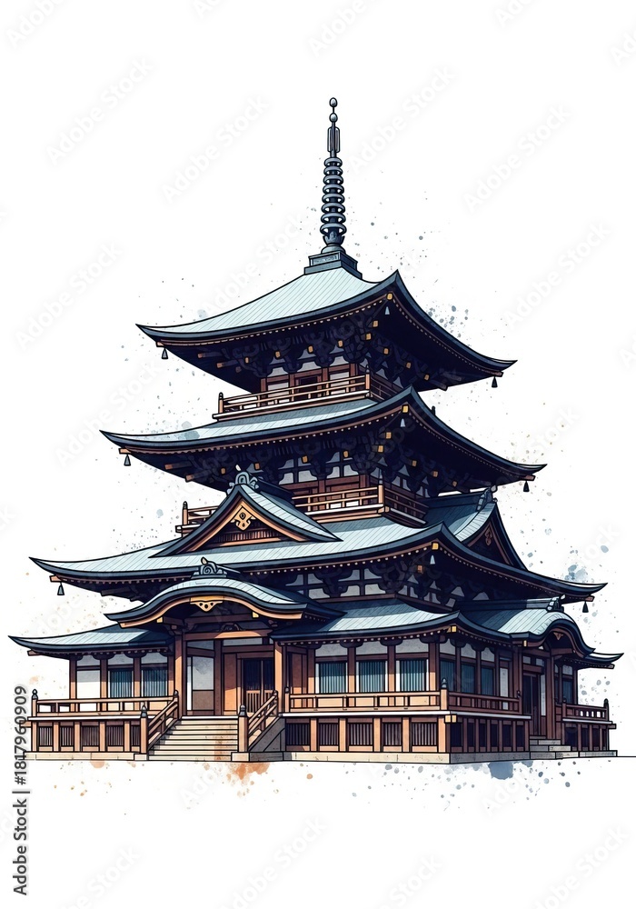 Obraz premium Watercolor Japanese Pagoda Illustration - A Serene Architectural Masterpiece.