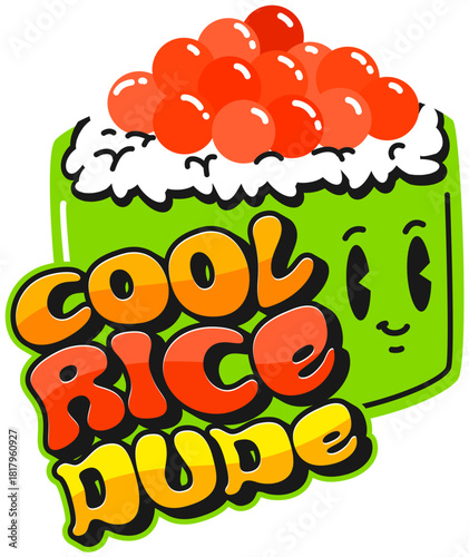 Japanese seafood caviar sushi retro Y2K sticker or patch. Sushi dish 60s Y2K sticker, Japanese cuisine meal vector patch. Japan seafood delicacy label with caviar sushi character and funky typography