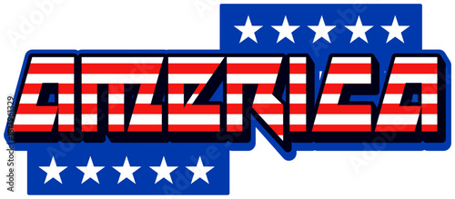 America vintage Y2K sticker or symbol. American nation travel souvenir vintage vector tag, USA flag color Y2K label. United States of America patriotic patch with stars and stripes abstract typography