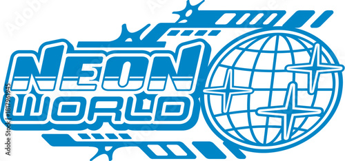 Neon world blue globe retro Y2K icon or badge. Business globus Y2K vector icon, planet Earth emblem. Internet and web network globe sphere mesh symbol with Sci-Fi futuristic typography text and stars