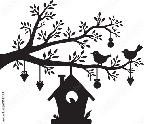 Black silhouette of birds on a tree branch with birdhouse