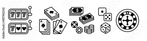 Casino and gambling concept icons. Slot machines, playing cards, dice, roulette, casino chips, etc.
