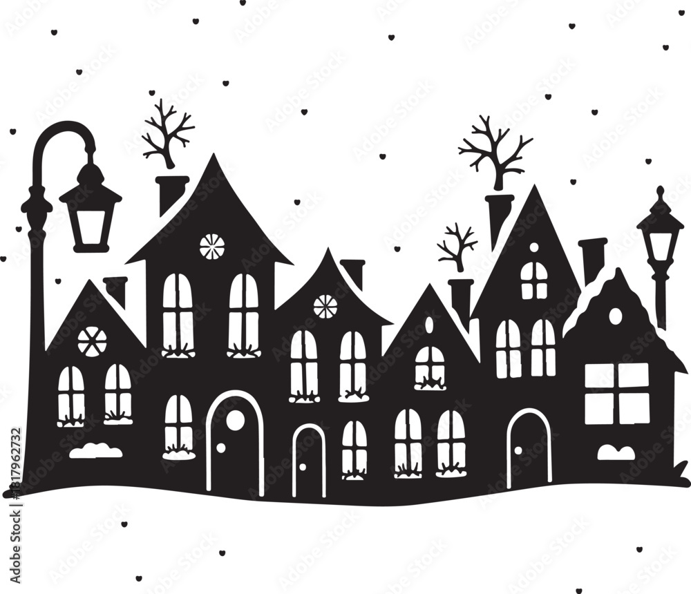 Fototapeta premium Black silhouette of houses and lampposts in snow black and white