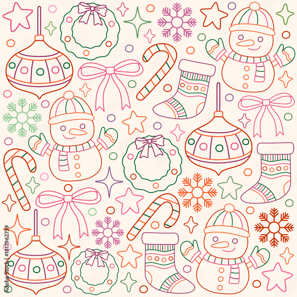 Fototapeta premium Seamless Christmas Outline Pattern. Winter Holiday Doodle Background with Snowman, Ornament, and Stocking.