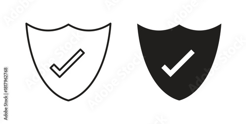 Shield check icons with simple flat and thin stroke style
