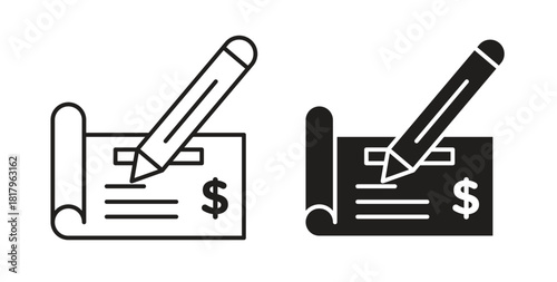 Signing cheque icons with simple flat and thin stroke style
