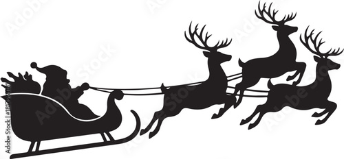 Black silhouette of Santa Claus in a sleigh pulled by reindeer christmas