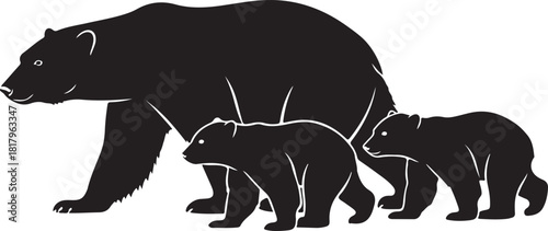 Black silhouette of a mother bear walking with two cubs baby bear animal